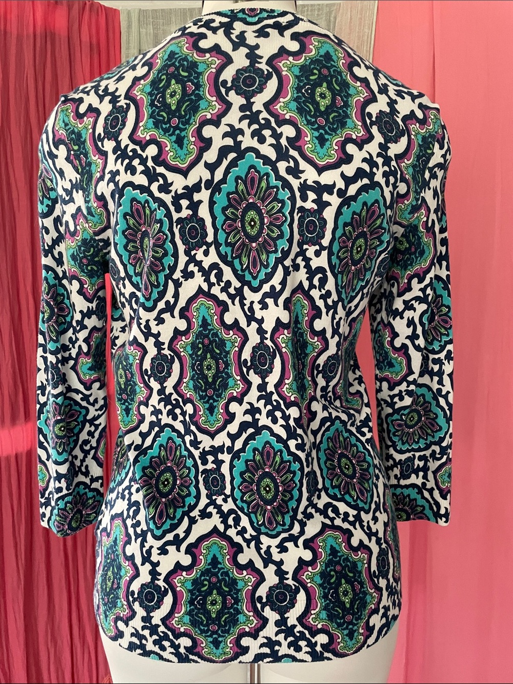 Talbots Teal, Navy & White Medallion Cardigan - Picture 3 of 9